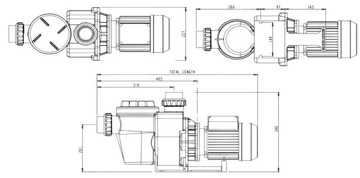 Hydrostorm pump technical diagrams showing top, side, and front views with dimensions